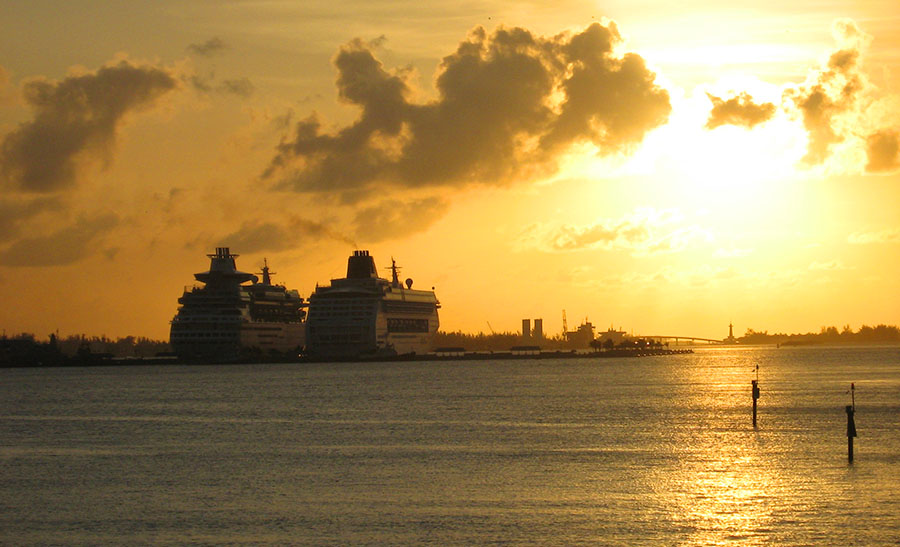 Cruise ships at sunset in Nassau